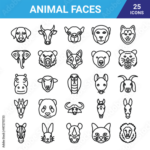 Animal Faces vector icon set 