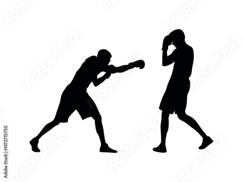 Two male boxers in dynamic fighting silhouettes, Silhouette image of people boxers in contrasting fighting stances, Celebratory Boxing Champions, boxing, champion, victory, celebration, triumph, winne