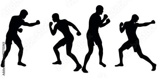 Two male boxers in dynamic fighting silhouettes, Silhouette image of people boxers in contrasting fighting stances, Celebratory Boxing Champions, boxing, champion, victory, celebration, triumph, winne