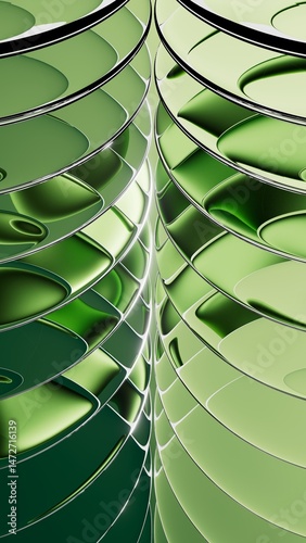 A 3d rendering. Round green glass shapes. Abstract aesthetic background, modern vertical wallpaper