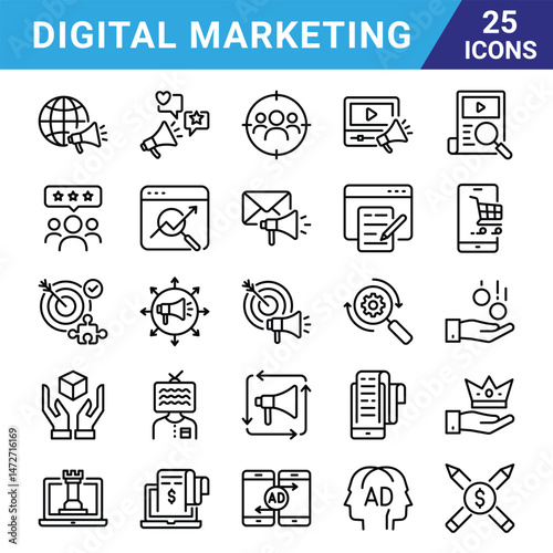 Digital Marketing icons that are suitable for any project. And change your next projects with minimalist icon design, perfect for websites, mobile apps, books, social media, infographics, flyers, 