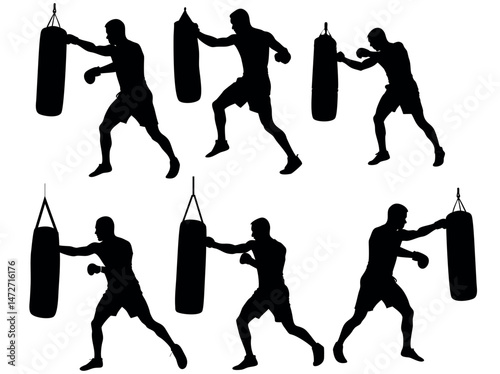 Men Punishing Punching Bags, collection of dynamic black silhouette illustrations of men engaged in boxing training with punching bags. boxing, punching bag, boxing training, fitness, martial arts, sp