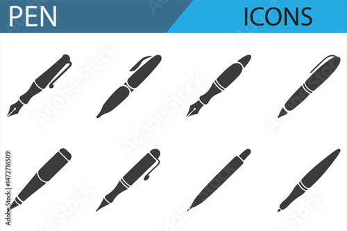 Icon Set Featuring Pens for Office Supplies and Writing Projects