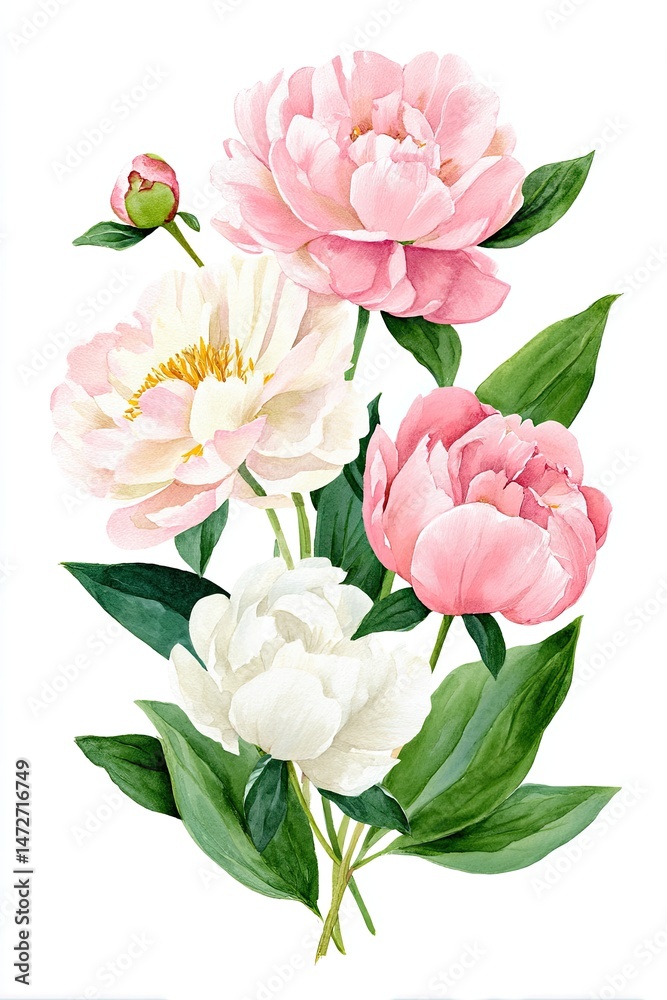 Fototapeta premium Beautiful watercolor illustration of peony flowers in various shades, showcasing delicate petals and lush green leaves, perfect for floral design and decoration projects