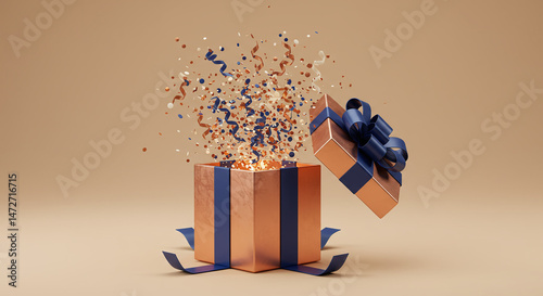 Gift box exploding with confetti and ribbons on neutral background