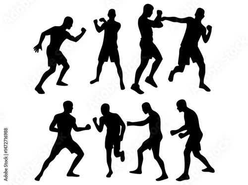 Boxing Martial Arts Silhouette Designs for Graphic Design, Boxing Silhouettes of Athletes in Action, boxing, martial arts, silhouettes, design, graphic design, sports, action, combat, fighting, punch,