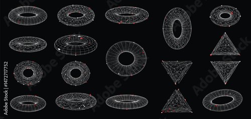 Vector graphic assets set in acid style, retro futuristic background with wireframe elements of different forms, bold modern shapes for design template, poster, banner, clothes, stickers