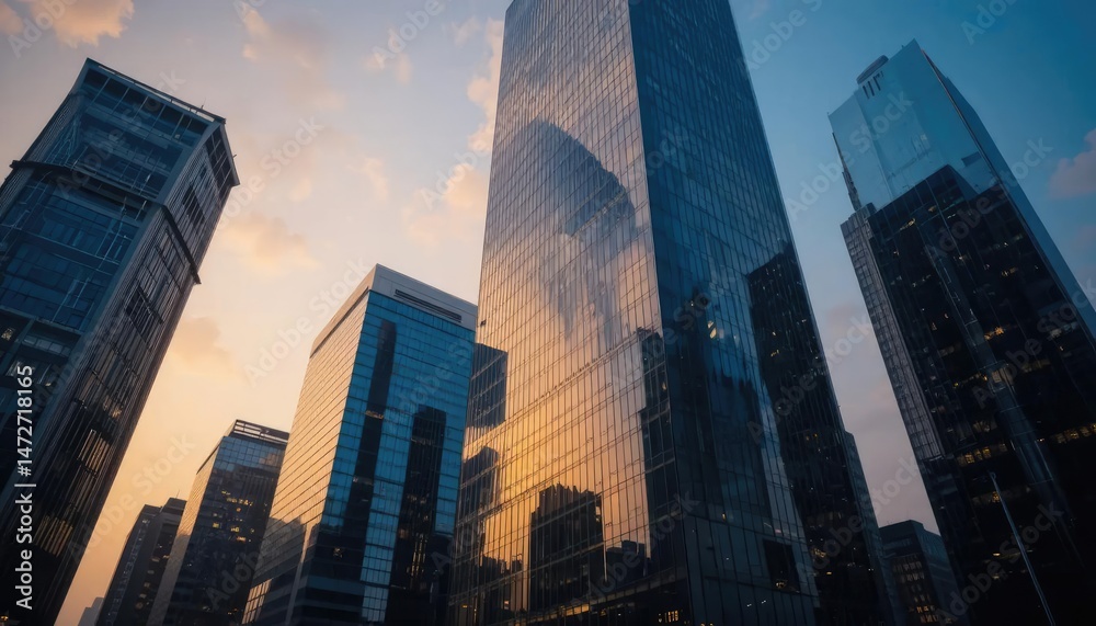 Fototapeta premium Golden Hour Skyscrapers: Hong Kong's Architectural Marvel at Sunset