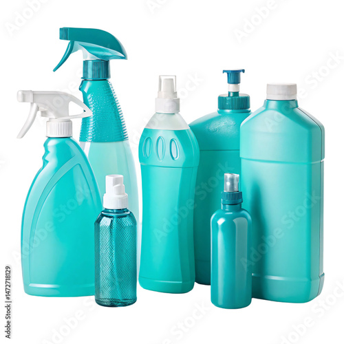 Cleaning Supplies in Turquoise Plastic Bottles with Spray Nozzles Isolated on White Background