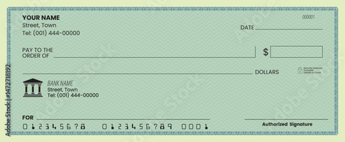 Blank check template, bank cheque vector, customizable design, printable layout.