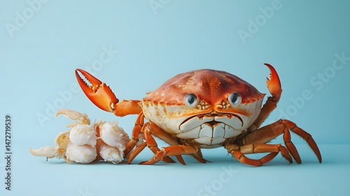 Crabby Crustacean: An irate crab, a symbol of seafood, stands guard, its pincers poised assertively, amidst a backdrop of fresh garlic, ready to defend its culinary domain.
