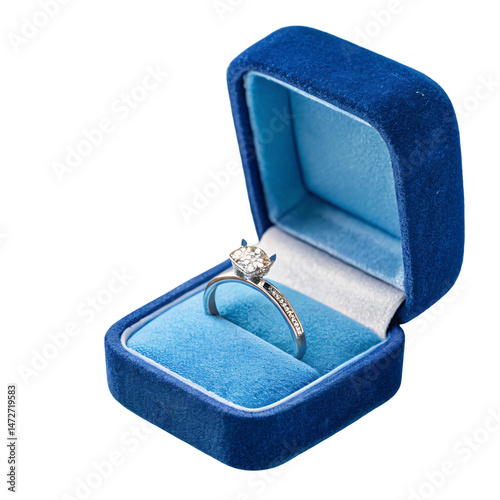 Luxurious Diamond Engagement Ring with Blue Velvet Ring Box Isolated on White Background