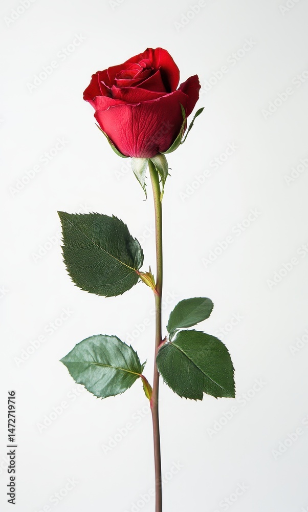 Fototapeta premium Elegant Single Red Rose with Green Leaves on White Background Perfect for Romantic Occasions, Invitations, and Gift Ideas for Loved Ones and Partners