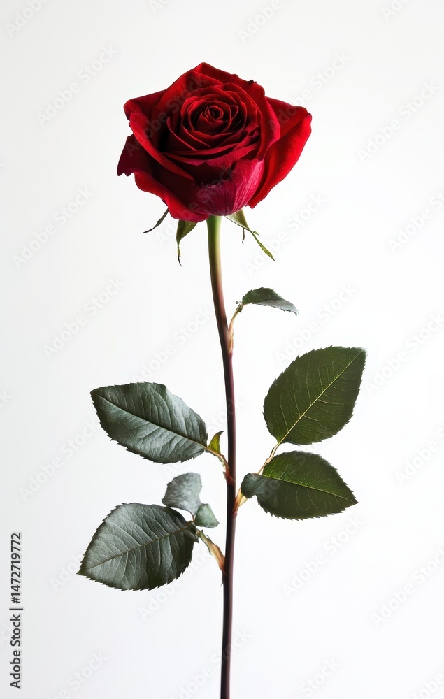 Fototapeta premium Elegant single red rose with green leaves standing tall against a plain white background, symbolizing love, beauty, and passion in nature's design