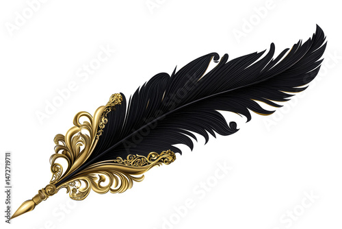 A stunning black feather quill with intricate gold embellishments