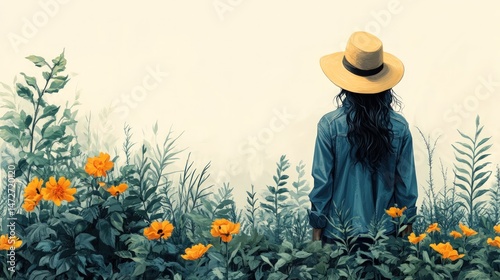 Woman in a field of flowers, gazing at a distant horizon