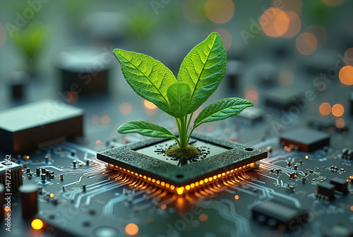 Vibrant Green Plant Growing on a Computer Chip with Glowing Circuits, Symbolizing the Fusion of Nature and Technology for Sustainable Innovation
