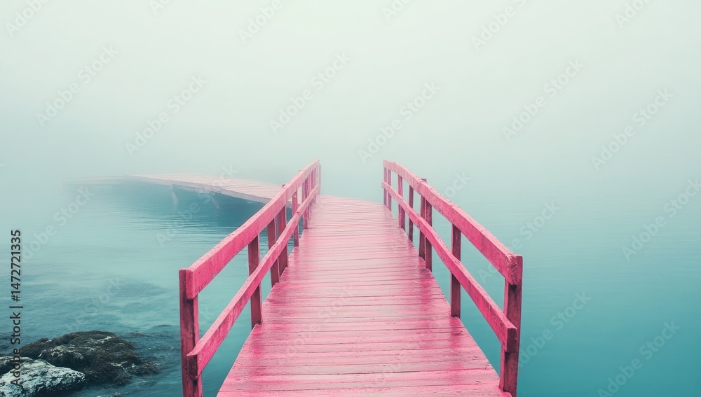 Fototapeta premium Pink wooden pier extends into a misty expanse