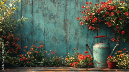 Rustic garden scene with vibrant flowers and a watering can against a teal-painted wooden fence