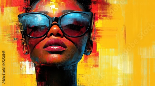 Abstract portrait of a woman, vibrant colors, sunglasses
