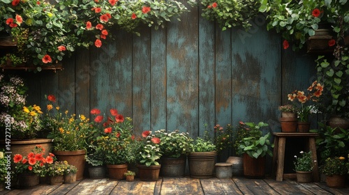 Rustic garden wall adorned with vibrant flowers and plants