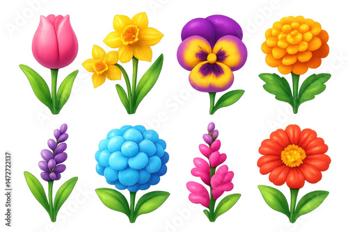 Vibrant 3d y2k garden icons set – tulip, daffodil, pansy, marigold, lavender. 3D icon set