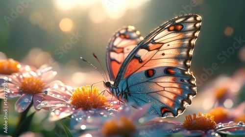 Butterfly on dew-kissed flowers, bathed in morning light