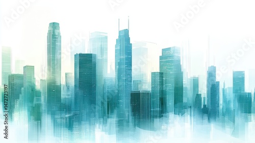Abstract Cityscape Illustration with Aqua and Blue Tones Depicting Modern Urban Architecture