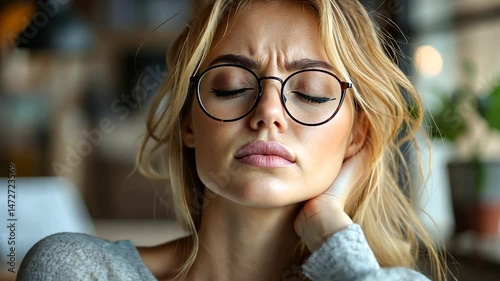 Woman with Neck Pain, Tired and Stressed