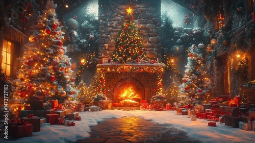 Festive Christmas interior with decorated trees, fireplace, and gifts