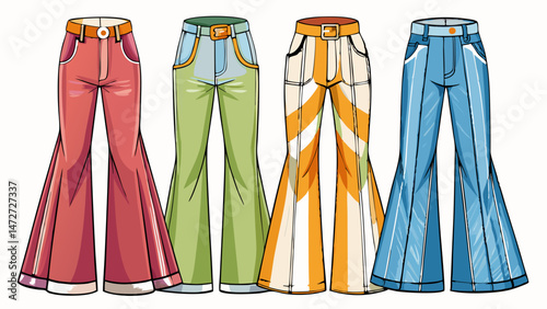 Retro Pant, Boot Cut Pant, Flared Trouser, Pant Set Fashion Illustration, Vector, CAD, Technical Drawing, Flat Drawing, Template, Mockup Very beautiful white background