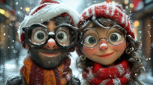 Cartoon couple in winter hats and glasses. Snow falling