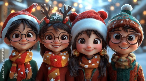 Four cheerful kids in winter attire