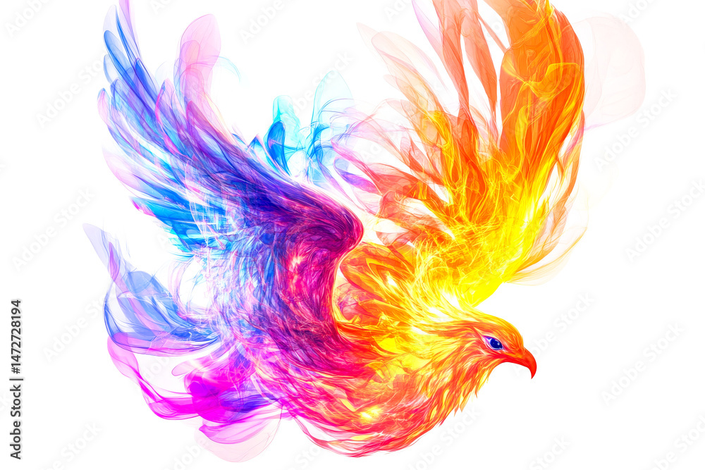 Obraz premium Colorful phoenix soaring through vibrant flames in dynamic flight