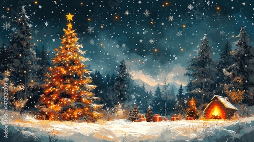 Snowy Christmas scene with a decorated tree