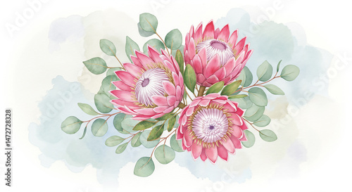 Watercolor painting of a bouquet with pink protea and green eucalyptus leaves, gentle tones