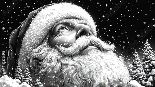 Santa Claus gazing upward, snowy scene