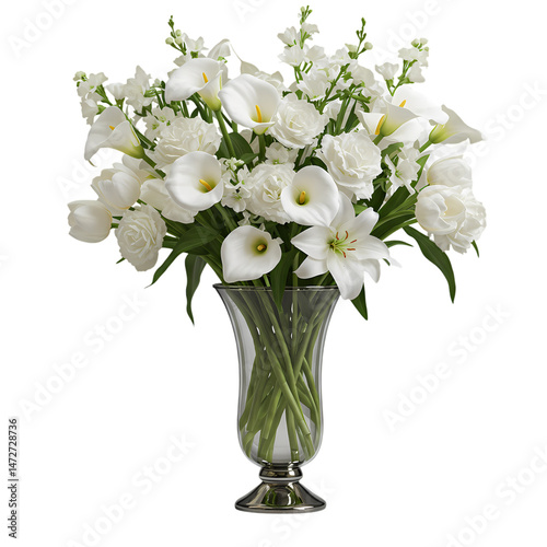 Elegant White Calla Lilies and Roses in Crystal Vase Funeral Bouquet isolated on transparent background
