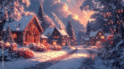 Snowy village at sunset, twinkling lights. Cozy winter scene