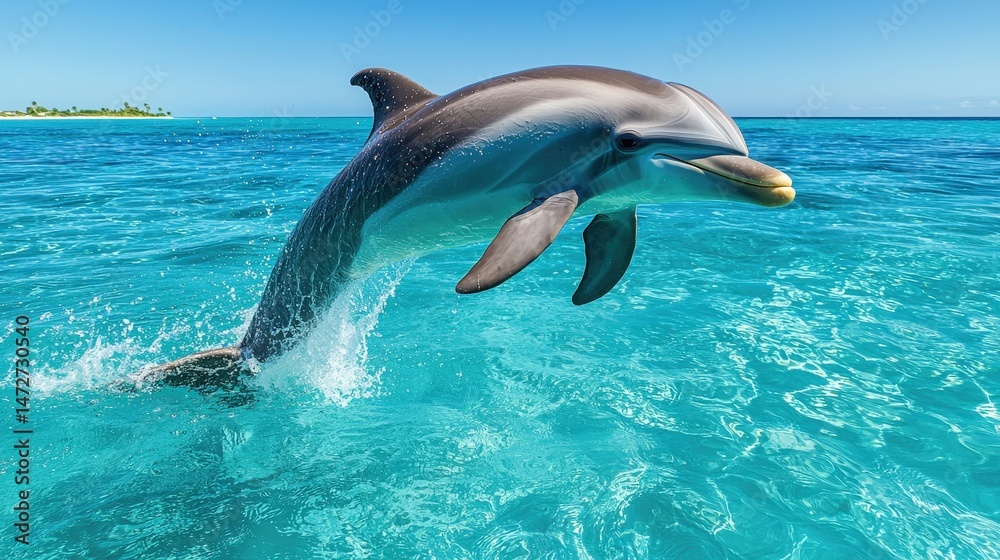 Naklejka premium Majestic dolphin leaping gracefully through turquoise ocean waters.