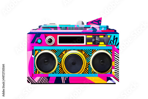 Vibrant retro boombox design with colorful patterns