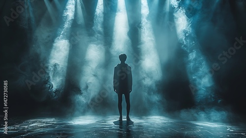 Dramatic stage lights surround lone silhouette high resolution picture