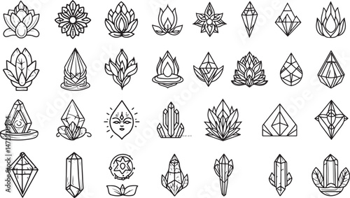 Spiritual, Inner Growth line icon set. Vector pictograms of mindfulness, personal transformation, enlightenment, crystal glow, meditation, universe, chakra strength, esoteric thin line