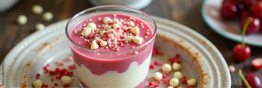 Layered raspberry and white chocolate dessert with fresh cherries on rustic plate Layered raspberry and white chocolate dessert with fresh cherries on rustic plate