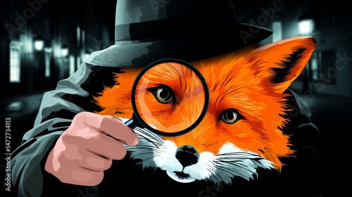 Sleuth fox in trench coat, magnifying glass, city backdrop