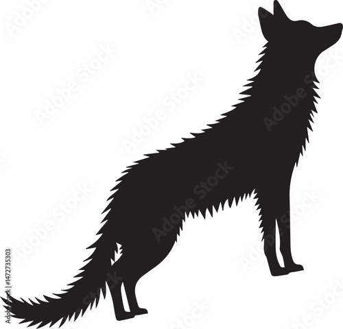 A vector silhouette image of a coyote on a white background