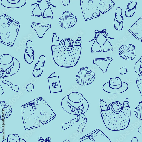 Blue Hand Drawn Travel Beach Items Pattern, Coastal Design