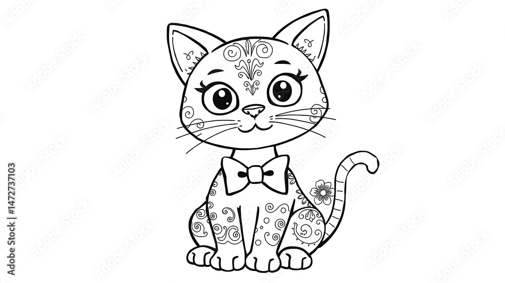 Obraz premium Charming black and white cat illustration with ornamental floral patterns and a bow tie