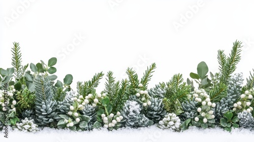 Festive winter border with pine cones, fir sprigs, and snow berries for holiday design, isolated on a pristine white background.
