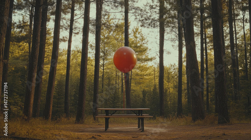 Red balloon floats silently above an empty wooden picnic table in a dense pine forest during warm golden hour.